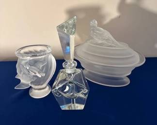 Lausitzer perfume bottle, and Imperial frosted covered dish and Lalique "Flying Dove crystal vase (small chip).
