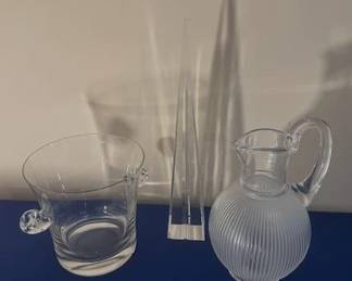 Cartier Obelisk, Lalique carafe and glass ice bucket.
