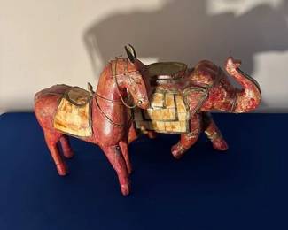 Indian mosaic and wooden horse and elephant.