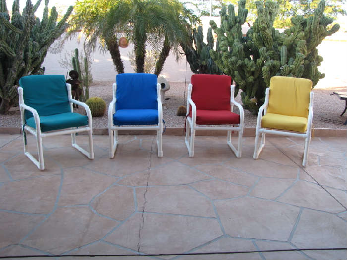 4 pvc style patio chairs with thick like new cushions