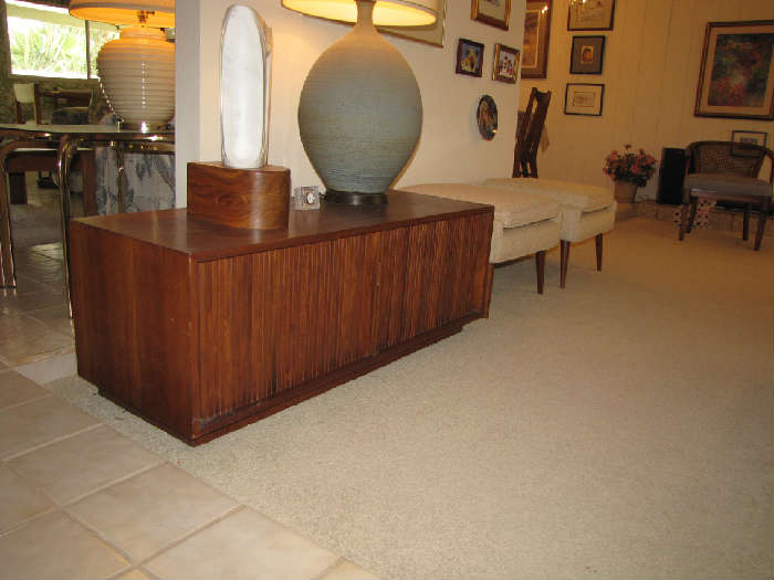 Teak Tambour Console and Marble Sclupture