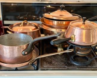Copper pots, skillets, casserole and fondue pot