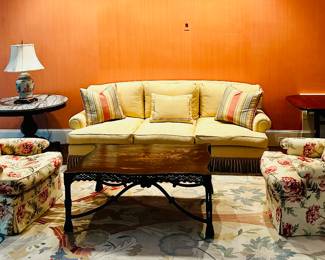 Yellow woven down sofa with rolled arms 96x37x36; trim at bottom measures 7"