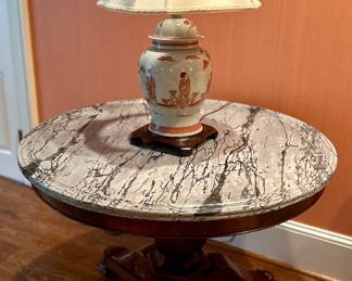 Empire Mahogany marble topped round table. 39 diameter x 29 H