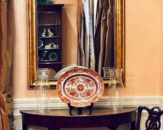 Victorian Giltwood Mirror (2 available) and Mahogany Demilune Table (2 available)