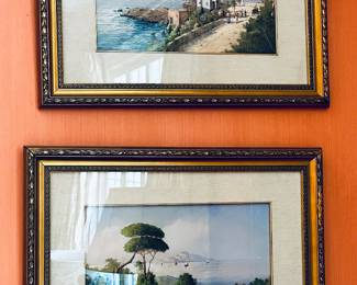 Framed Watercolors of Mediterranean seaside. Signed Gianni.