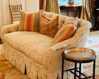 Rolled arm custom damask skirted sofa (side table not available)