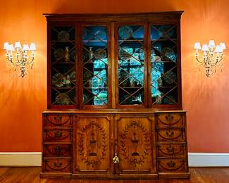 George III inlaid satinwood cabinet/breakfront - 88" x 27" x 97 1/2"; Sconces not for sale