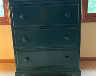 Love the color! Was repainted over a fun yellow gold. Would look fun with a little shabby chic sanding. Solid Maple. Matching lowboy also for sale. 