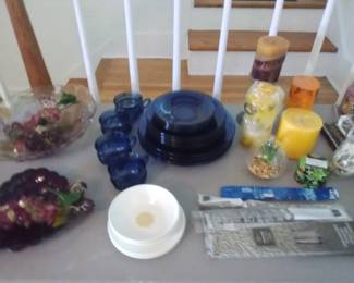 Blue depression glass dish set and misc items
