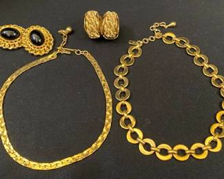 Monet Trifari Gold Tone Choker Necklaces And Earrings