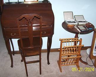 Small drop front desk w / chair, magazine rack, small round table