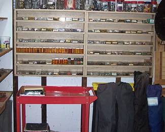 Rolling cart, fold up chairs, shelves of hardware