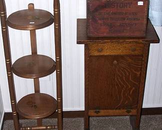Plant stand, telephone stand with drawer and drop front storage, 1930's "History of the US" w / original wood shipping box