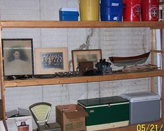 Coolers, Toledo scale, ice cream maker, binoculars, sailing ship model (needs a little help)