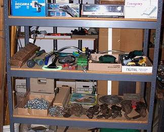 Shelf and assorted gardening items, pulleys