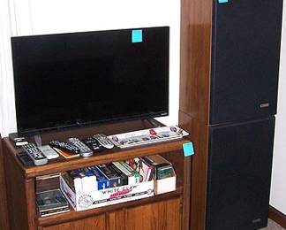 Vizio TV, stand, Fisher speakers
