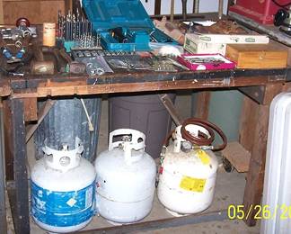 Work table, propane tanks, hand tools