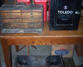 Machinist's tool chest, Toledo Scale box and US Army ammo boxes