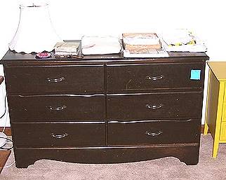 Dresser, mustard color night stand, doilies, etc...