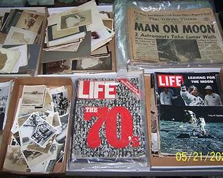 Old photos, Life magazines and papers concerning Apollo 11