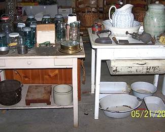 Primitive table, old kitchen work table, enamel ware, blue canning jars, pitcher and bowl, etc...