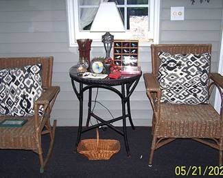 Wicker rocker, table and chair