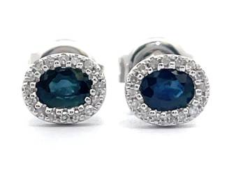 0.52 Carat Blue Sapphire & Diamond Oval Halo Stud Earrings in 14k White Gold