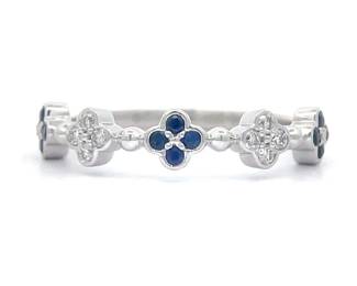 0.25 Carat Blue Sapphire & Diamond Four-Leaf Clover Stack Ring in 14k White Gold