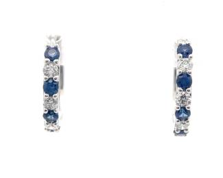 Blue Sapphire & Diamond Huggie Hoop Earrings in White Gold
