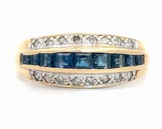 Square Blue Sapphire & Diamond Triple Row Ring in 14k Yellow Gold
