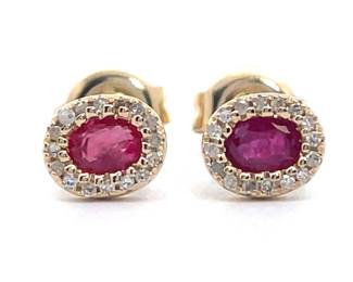 Oval Ruby & Diamond Halo Stud Earrings in 14k Yellow Gold
