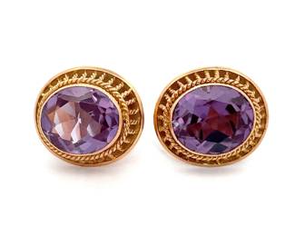 Vintage Large Alexandrite Solitaire Stud Earrings in 18k Yellow Gold