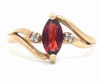 Marquise Garnet & Diamond Curved Split Shank Ring in Yellow Gold
