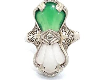Carved Chrsyophrase & Moonstone Shell Diamond Ring in 14k White Gold