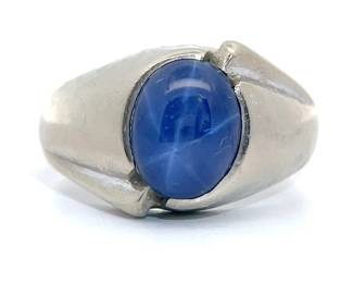 Men's Blue Star Sapphire Swirl Signet Ring in 14k White Gold