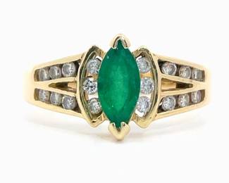 Marquise Emerald & Diamond Chevron Channel Ring in 14k Yellow Gold