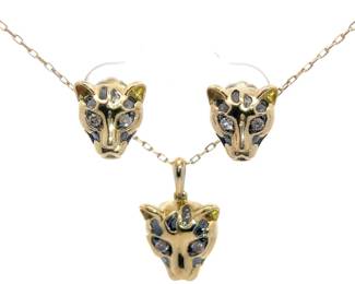 Diamond Leopard Stud Earrings & Necklace Set in Gold: Matching 2-Piece Jewelry Set