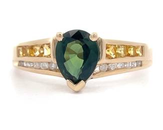Green Tourmaline, Citrine & Diamond Ring in 14k Yellow Gold