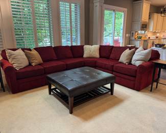 La-Z-Boy Red Microfiber Sectional (LAF Chair - 40"D x 32"W x 30" Back Height, Armless Chair - 40"D x 24"W x 30"Back Height x 2, Center Seat - 48"D x 70"W x 30" Back Height, Armless Chair - 40"D x 24"W x 30"Back Height, RAF Chair - 40"D x 32"W x 30" Back Height) & La-Z-Boy Rectangular Leather Coffee Table (37-1/2"W x 45-1/2"D x 17-1/2"H)