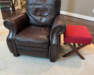 Bernhardt Leather Armchair Recliner & Red Upholstered Side Table