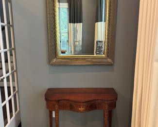 Antique Inlayed Motif Game Table (35"W x 35-1/2"D Open / 17-3/4" Closed D x 28-1/2"H) & Gold Gilt Mirror (45"H x 33-1/2"W)