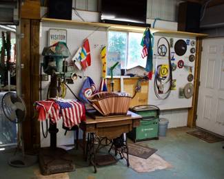 1960's WORKING Walker Drill Press, Various Flags, 2 Sewing Machine Tables