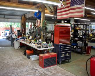 4 Tool Boxes with Tool Inside, Metal Shelving Racks, Extension Cords