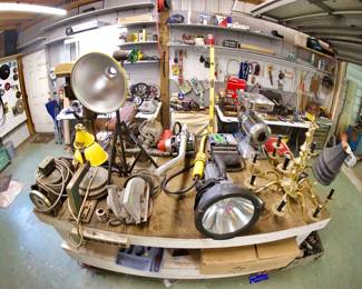 Custom Made Wood Rolling Shop Table, Brass Chandler, Various Shop Tools, Diamond Polishing Wheel