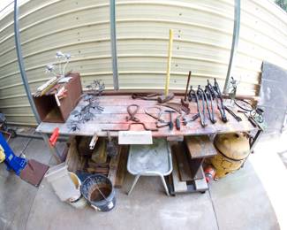 Custom Made Aluminum/Wood Table, Various Vintage Tools, 2-feet Steel I-Beam (Great as an Anvil)