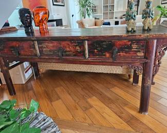 Chinese console, circa 1800's solid elm wood.  84" x 25" paid $ 2,800
Asking  $ 1,290
