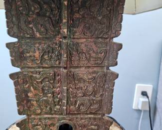 Solid carved metal lamp with silk shade
32"   Two available 