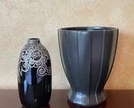 2pc Lot Slightly Iridescent Black Ceramic Vase W/ Mod Floral Designs & Black Vase W/ Matte Glaze B80