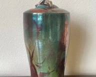 Traditional Raku Iridescent W/ Leaf Patterns & Branch Like Lid Handle Urn By Jan Rowen L114